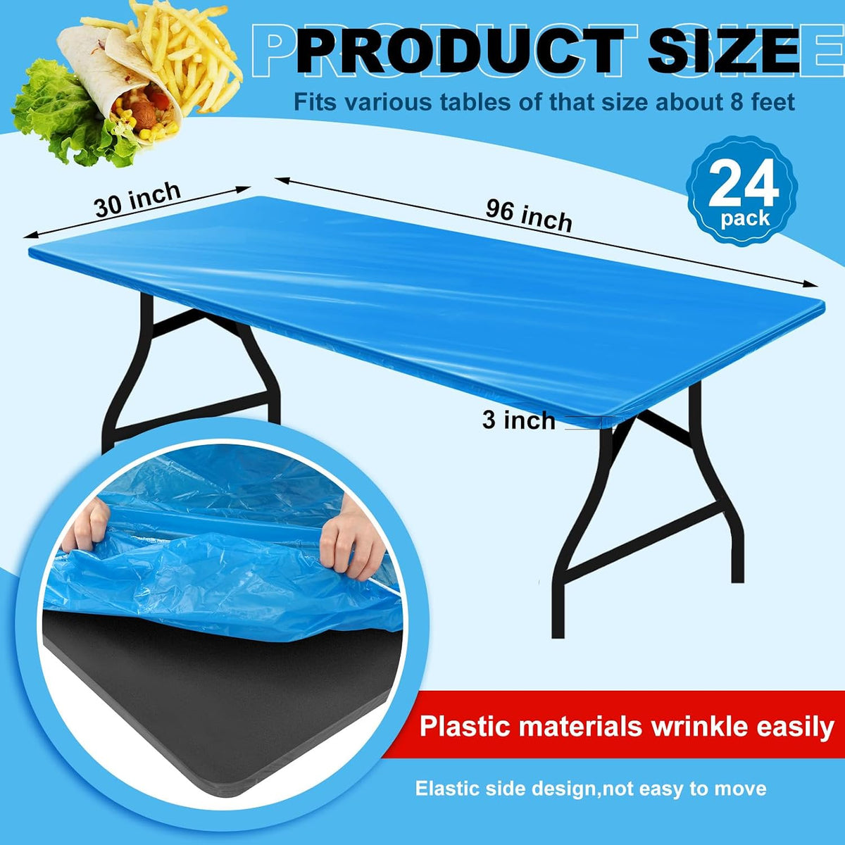 Boao 24Pcs Plastic Tablecloths, 8 Ft, 96 x 30 Disposable Table Covers Blue