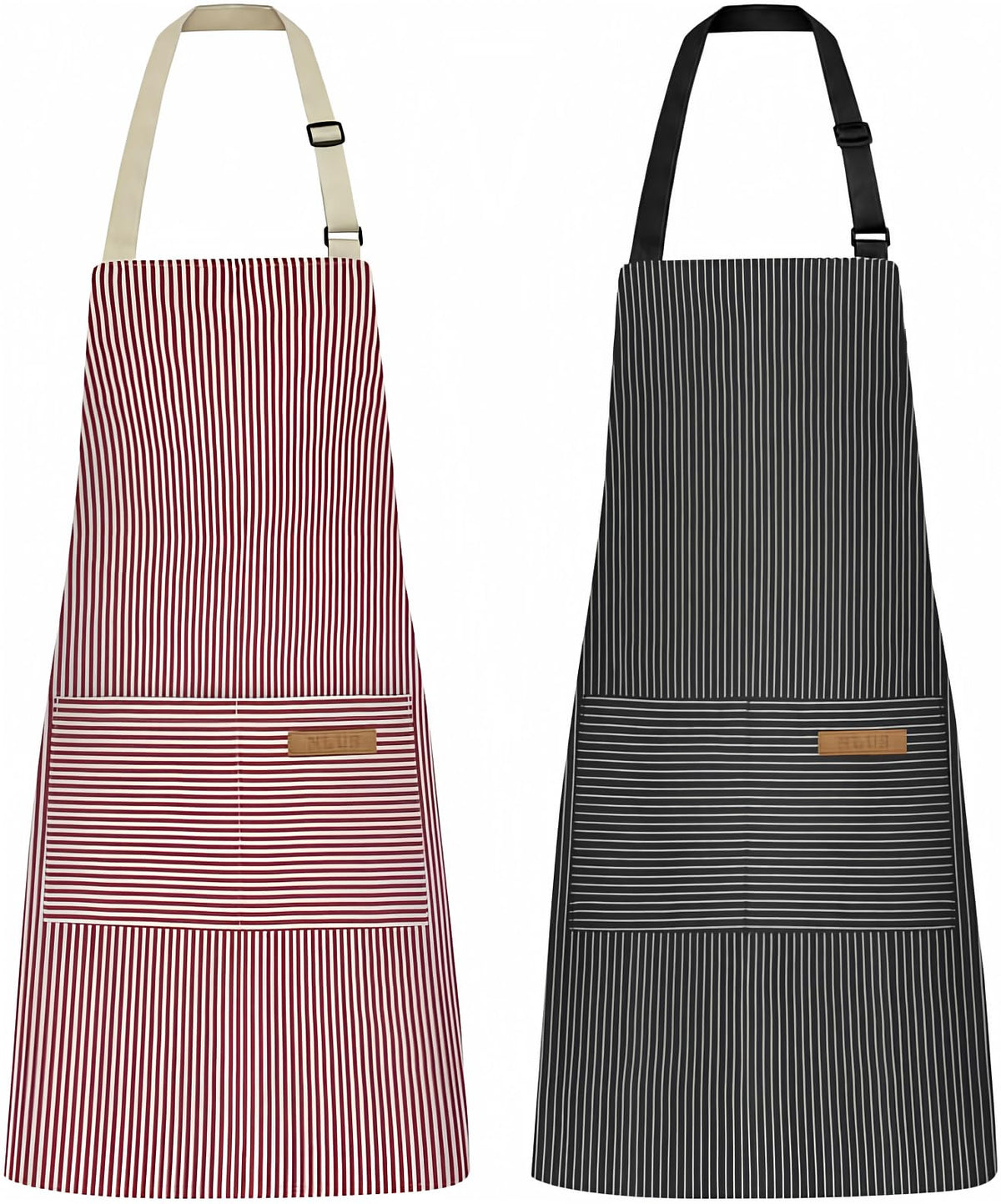 NLUS 2 Pack Kitchen Cooking Aprons, Adjustable Bib Soft Chef Apron with 2 Pockets for Men Women(Black/Brown Stripes)