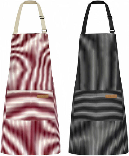 NLUS 2 Pack Kitchen Cooking Aprons, Adjustable Bib Soft Chef Apron with 2 Pockets for Men Women(Black/Brown Stripes)