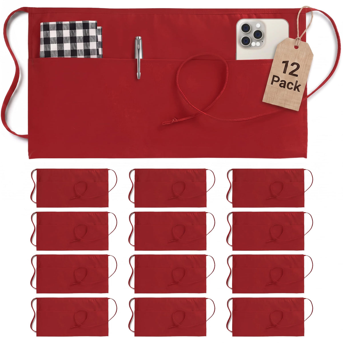 Utopia Wear Server Waist Aprons 12 Pack with 3 Pockets 100% Polyester