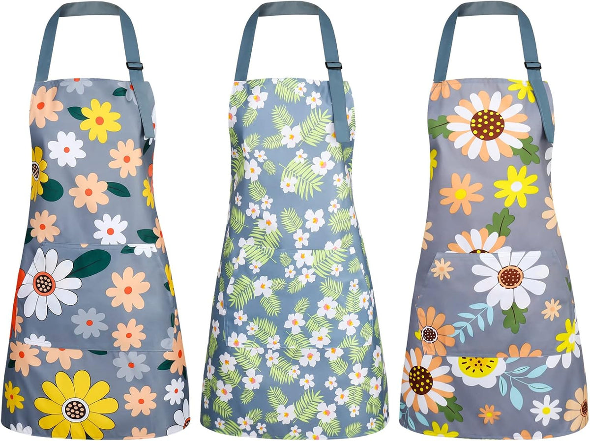 BOUMUSOE 3 Pack Floral Aprons with Pocket, Blooming Womens Aprons Waterproof Adjustable Cooking Apron for Kitchen Gardening