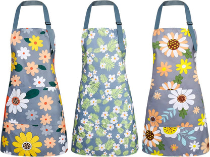BOUMUSOE 3 Pack Floral Aprons with Pocket, Blooming Womens Aprons Waterproof Adjustable Cooking Apron for Kitchen Gardening