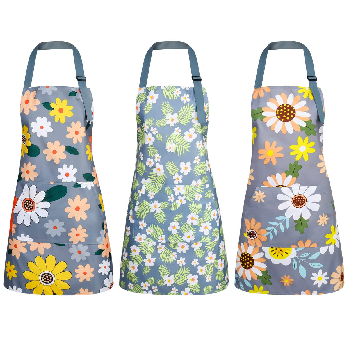 BOUMUSOE 3 Pack Floral Aprons with Pocket, Blooming Womens Aprons Waterproof Adjustable Cooking Apron for Kitchen Gardening