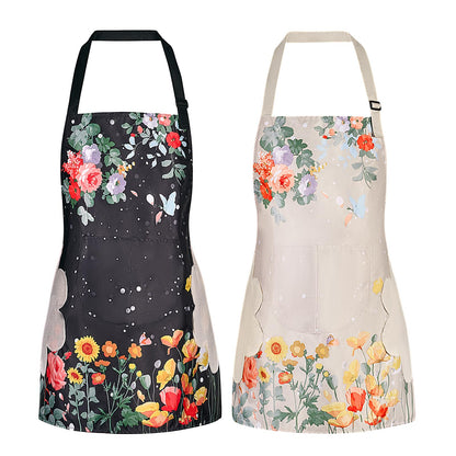 DILLMAN 2 Pack Floral Aprons with Pocket Blooming Womens Waterproof Adjustable Cooking Aprons Kitchen Gardening Salon