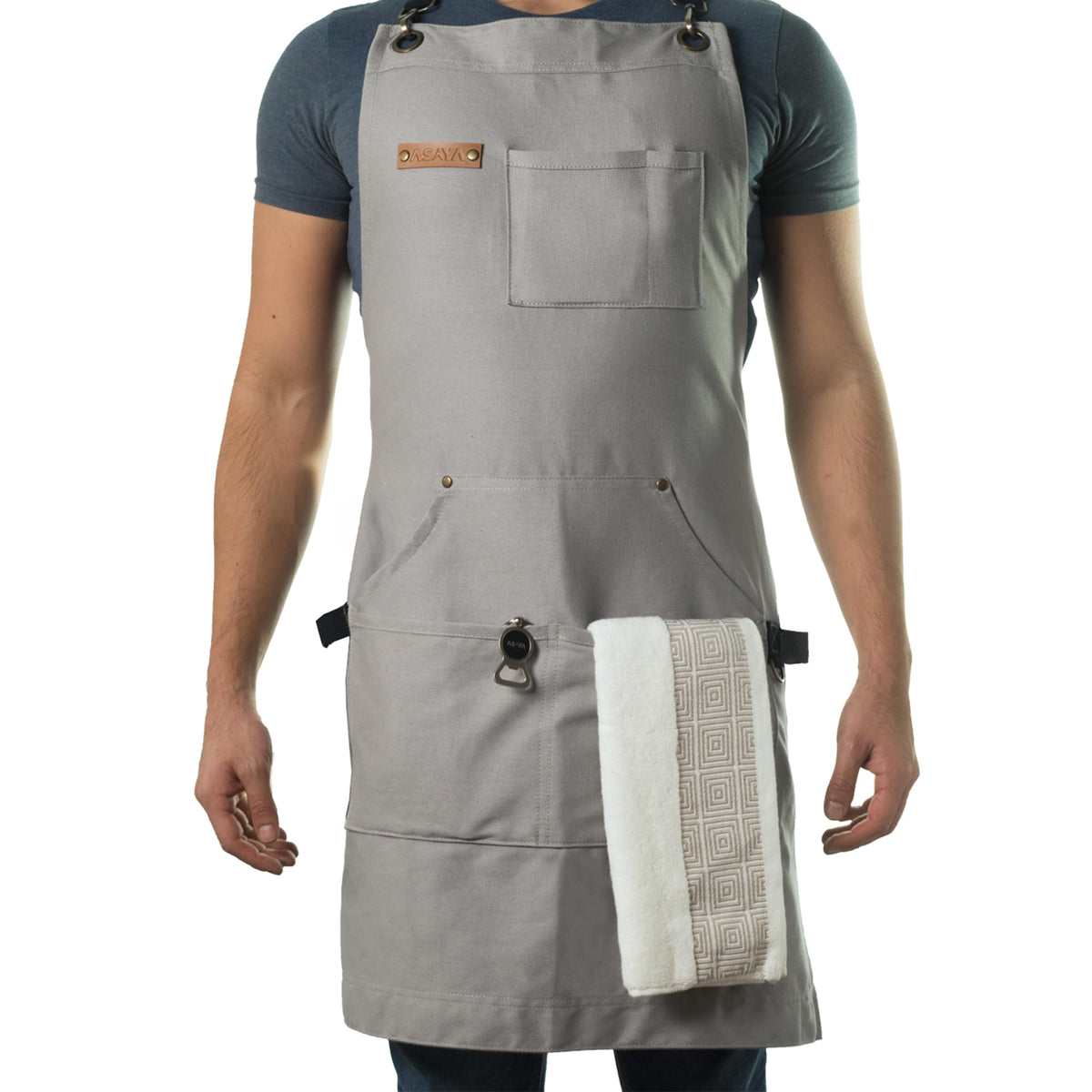 Asaya Chef and BBQ Apron with Bottle Opener and Hand Towel - 10oz Cotton Canvas, Stainless Steel Hardware - Cross Back Straps