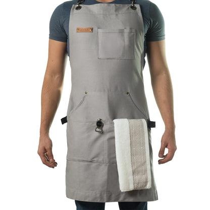 Asaya Chef and BBQ Apron with Bottle Opener and Hand Towel - 10oz Cotton Canvas, Stainless Steel Hardware - Cross Back Straps