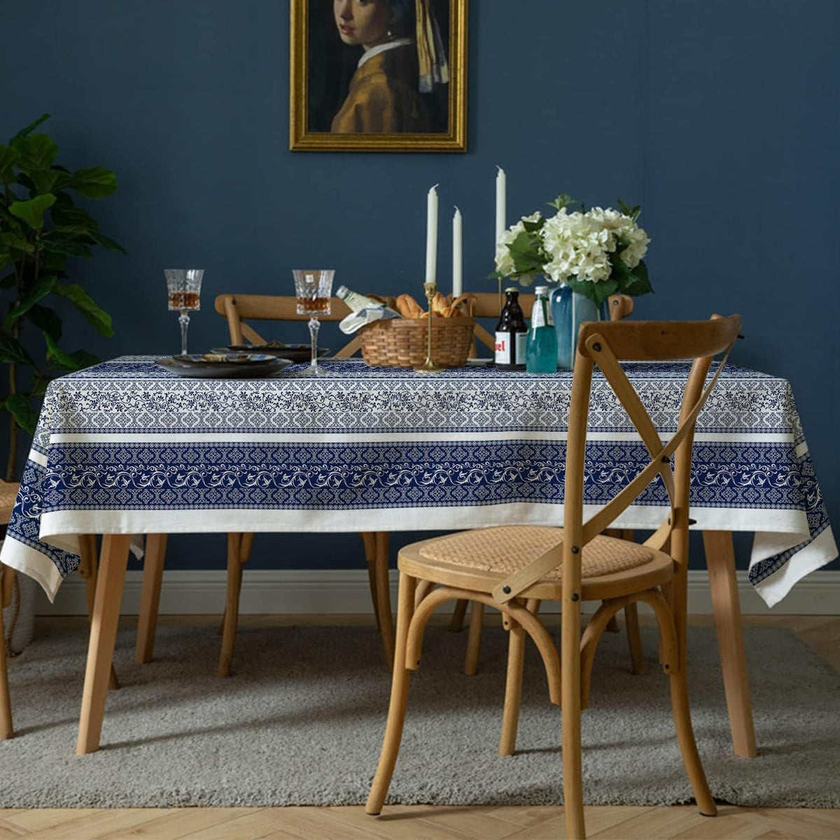 Rectangle Tablecloth - 60 x 120 Inch Blue Bohemia Rustic Tablecloth Classic French Country Printed Table Cover Farmhouse Decoration, Suitable for Home, Kitchen Dining