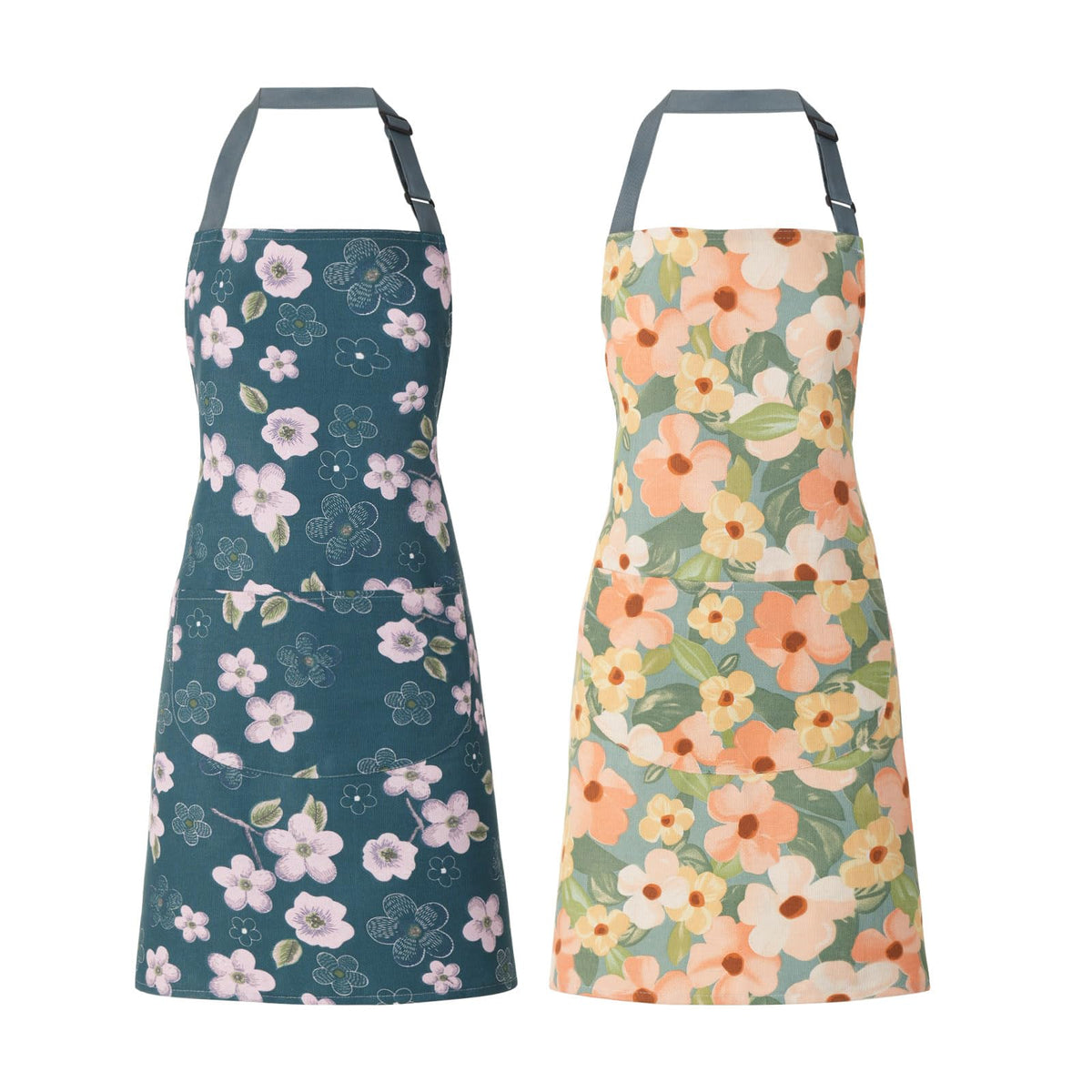 2 Pack Floral Apron for Women with Pockets, Adjustable Cotton Chef Aprons for Kitchen, Cooking, BBQ & Grill