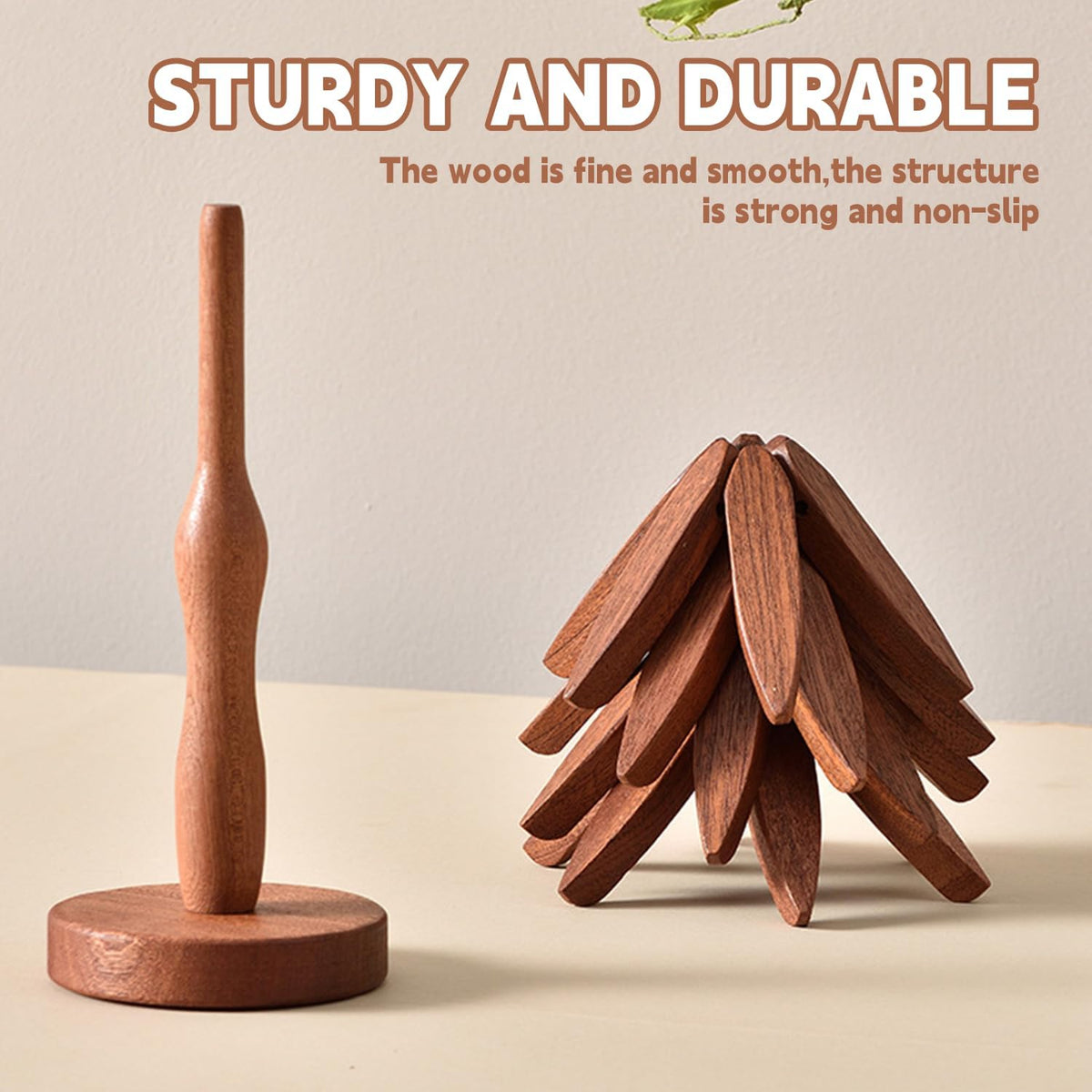 Wooden Trivets for Hot Dishes, Tree Shape Trivet Set, 4 Walnut Wood + 1 Stand stored Like a Christmas Tree,Foldable Kitchen Wooden Trivet,for Hot Dishes、Pot、Bowl、Teapot、Hot Pot Holder(Brown)