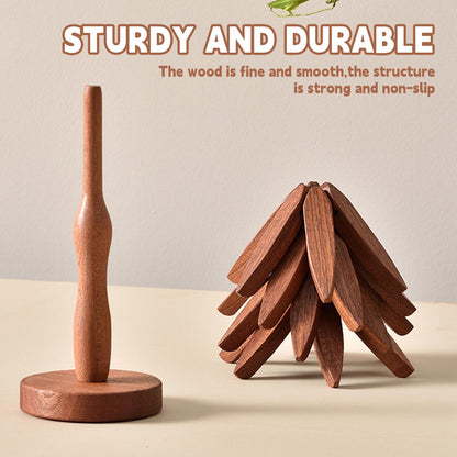 Wooden Trivets for Hot Dishes, Tree Shape Trivet Set, 4 Walnut Wood + 1 Stand stored Like a Christmas Tree,Foldable Kitchen Wooden Trivet,for Hot Dishes、Pot、Bowl、Teapot、Hot Pot Holder(Brown)