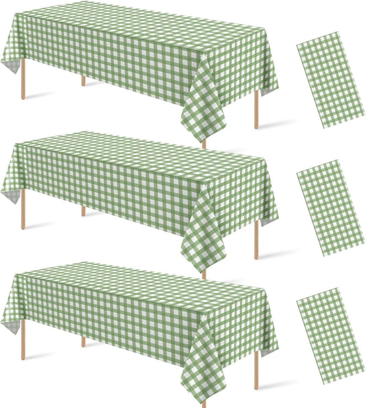 3 Pcs Sage Green Gingham Tablecloths, Checkered Table Covers 54 x 108 Inch