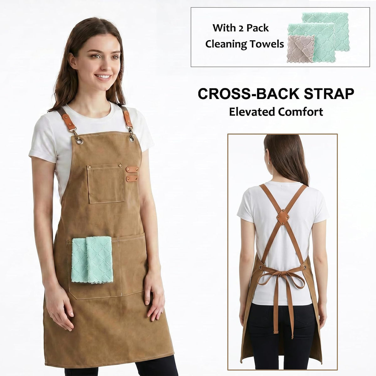 ZOMAO Chef Apron, Cotton Canvas Cross Back Apron with Pockets for Women and Men,Adjustable Strap and Large Pockets Apron,Kitchen Cooking Baking Bib Apron