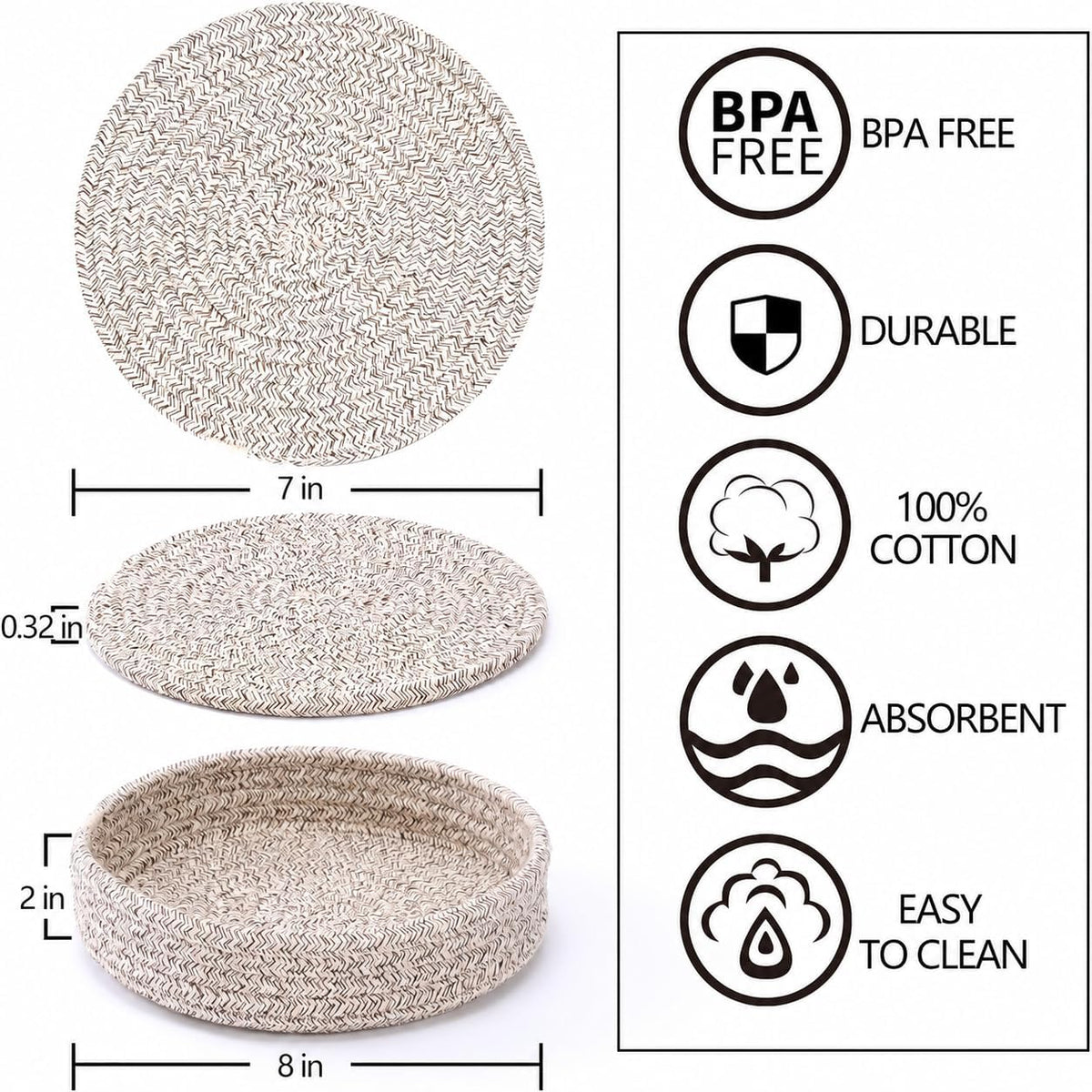 Coga Trivets for Hot Dishes, 4 Pack 7 Inch Cotton Hot Pads for Kitchen with Storage Basket, Round Pot Holders for Kitchen, Heat Resistant Mats for Countertop, Pots and Pans, Farmhouse Decor, Brown