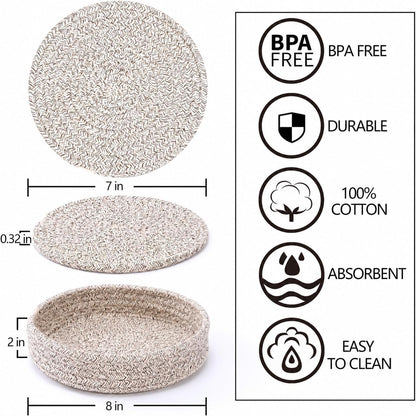 Coga Trivets for Hot Dishes, 4 Pack 7 Inch Cotton Hot Pads for Kitchen with Storage Basket, Round Pot Holders for Kitchen, Heat Resistant Mats for Countertop, Pots and Pans, Farmhouse Decor, Brown