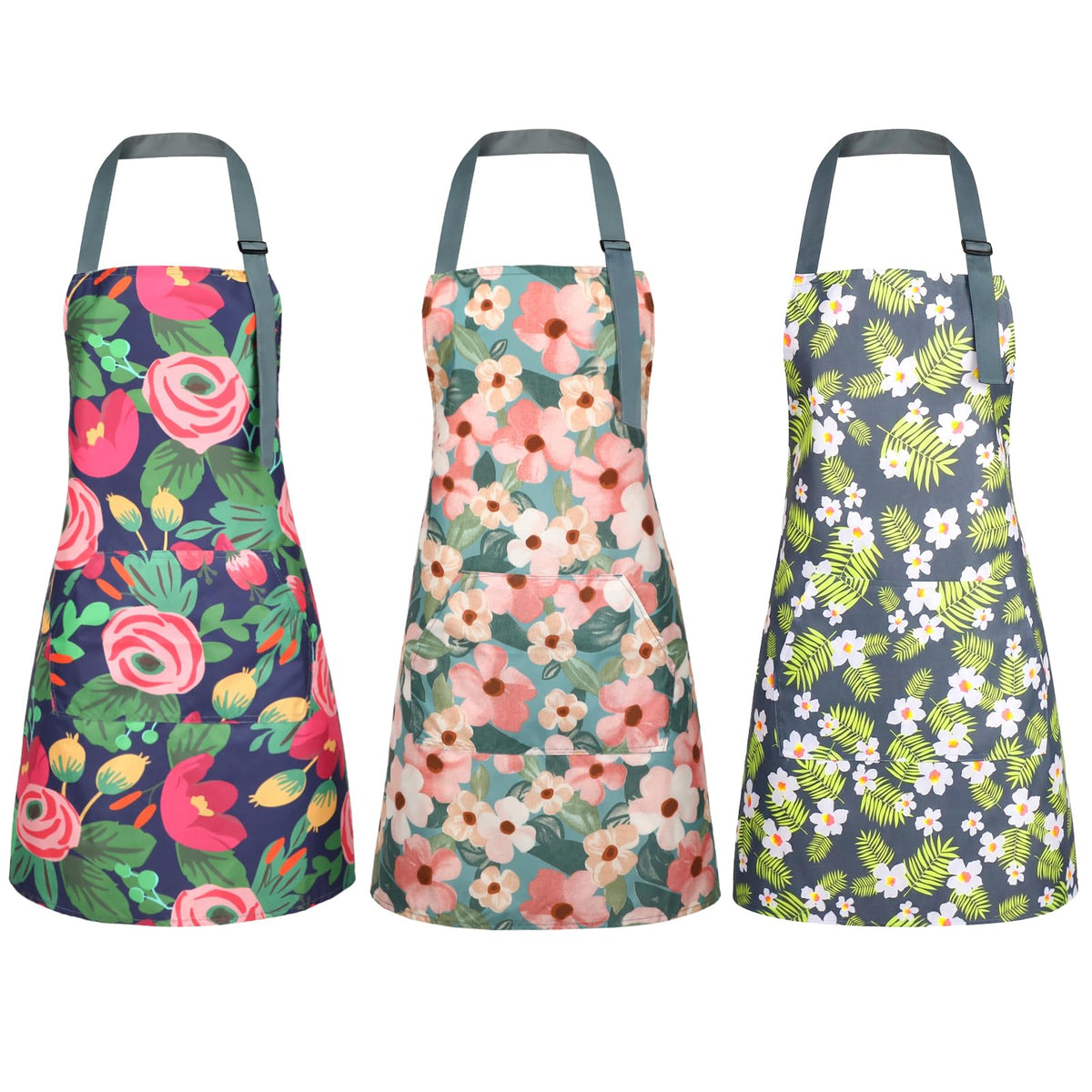 BOUMUSOE 3 Pack Floral Aprons with Pocket, Blooming Womens Aprons Waterproof Adjustable Cooking Apron for Kitchen Gardening