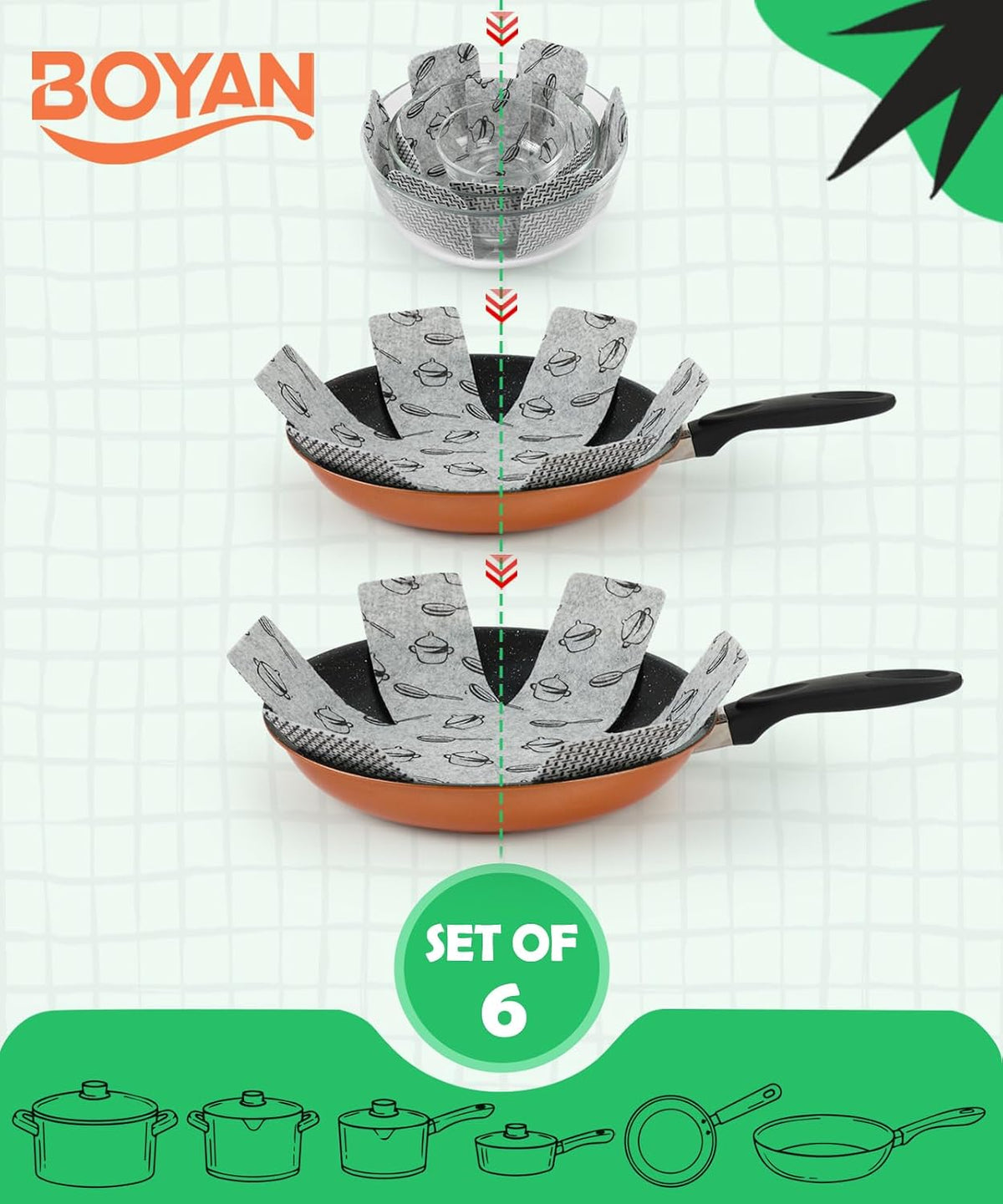 BOYAN Pot and Pan Protectors for Stacking, 6pcs & 3 Sizes, Separator Pads