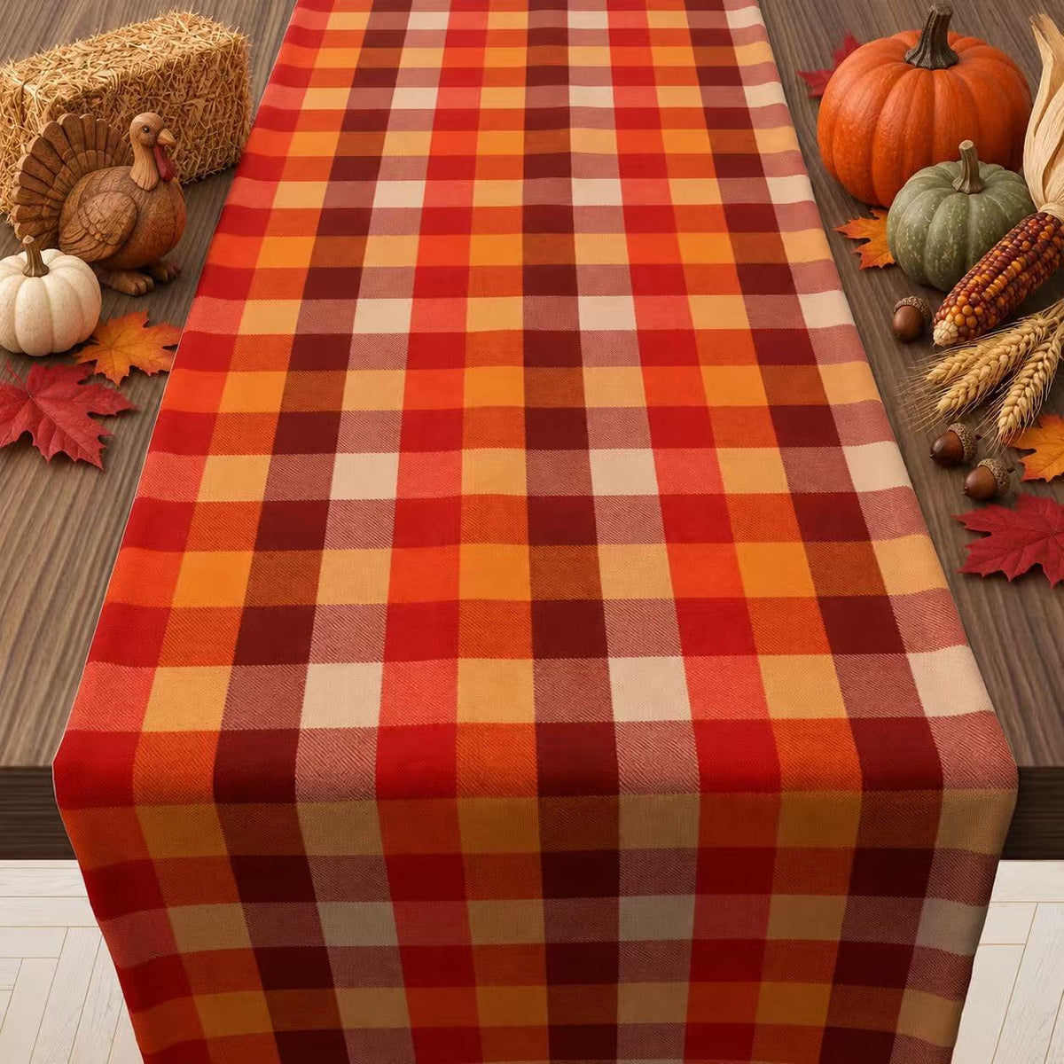Fall Decorations for Home - Orange Brown Plaid Table Runner for Fall Decor