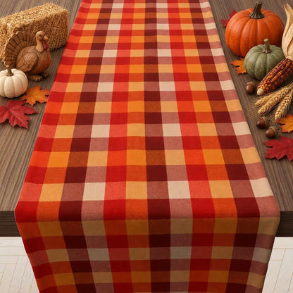 Fall Decorations for Home - Orange Brown Plaid Table Runner for Fall Decor