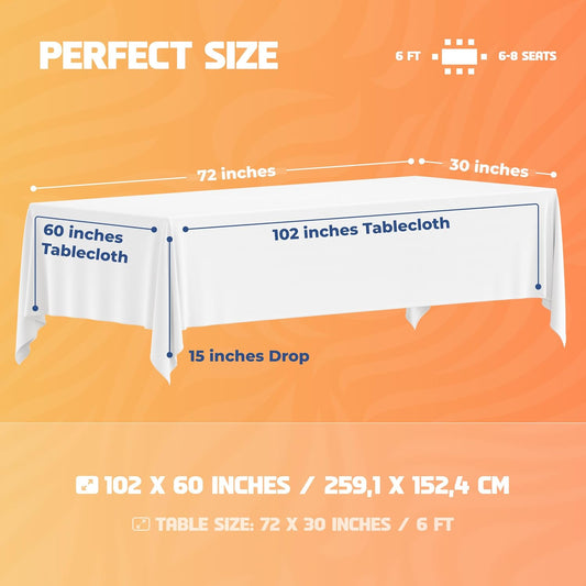 WEALUXE White Table Cloths for 6 Foot Rectangle Tables, 2-Pack, 60x102 inches, Water, Stain and Wrinkle Resistant, 200 GSM Washable Poly Fabric Tablecloths Rectangular, Elegant and Durable