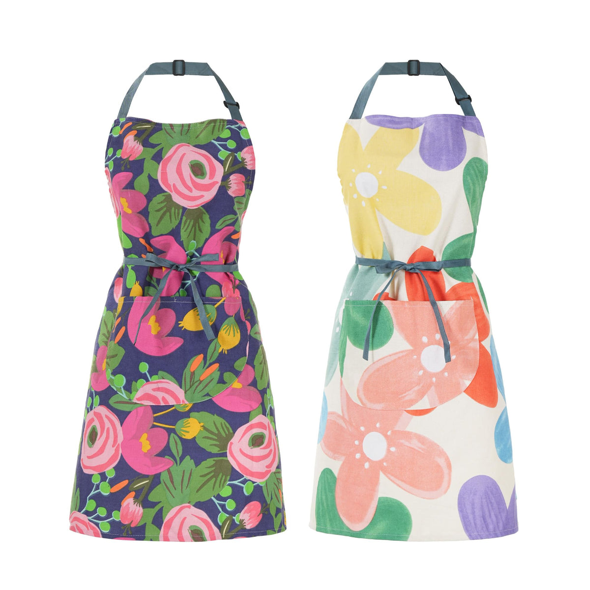 2 Pack Floral Apron for Women with Pockets, Adjustable Cotton Chef Aprons for Kitchen, Cooking, BBQ & Grill