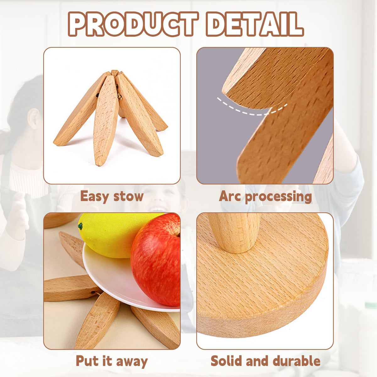 Wooden Trivets for Hot Dishes, Tree Shape Trivet Set, 4 Walnut Wood + 1 Stand stored Like a Christmas Tree,Foldable Kitchen Wooden Trivet,for Hot Dishes、Pot、Bowl、Teapot、Hot Pot Holder(Brown)
