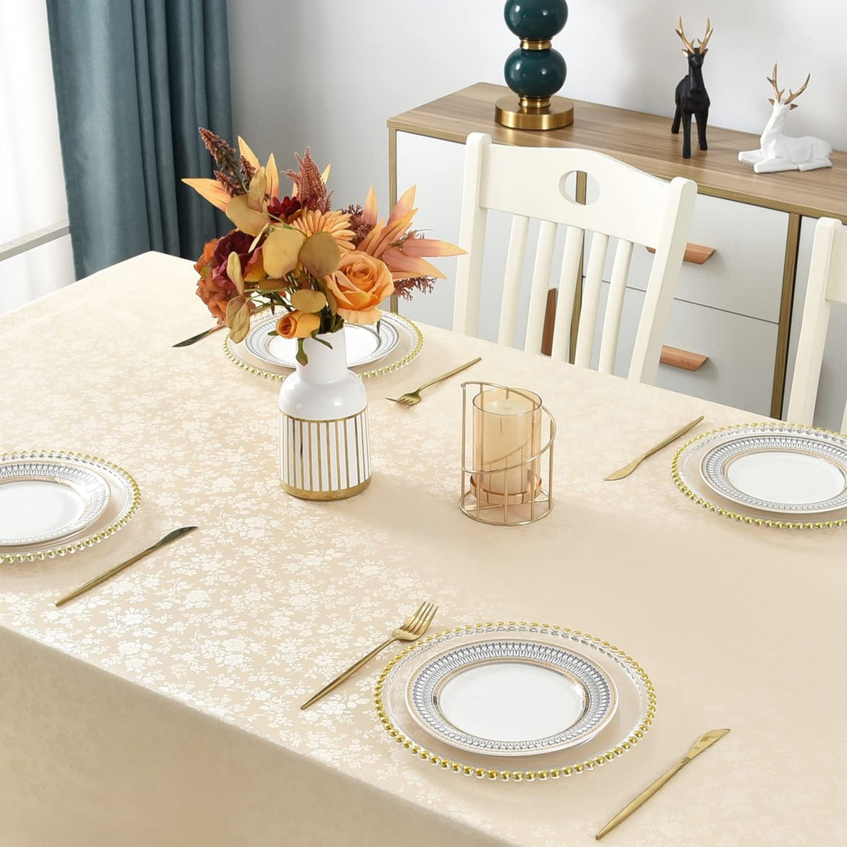 Romanstile Waterproof Vinyl Tablecloth Rectangle, 60 x 84 Inch, Rose Beige
