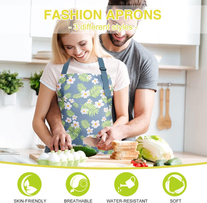 BOUMUSOE 3 Pack Floral Aprons with Pocket, Blooming Womens Aprons Waterproof Adjustable Cooking Apron for Kitchen Gardening