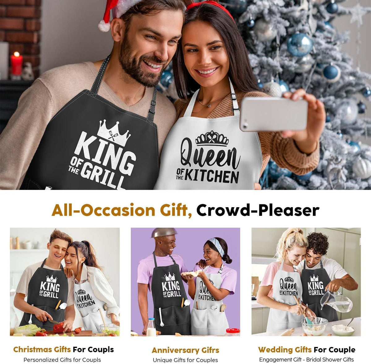 King & Queen Apron Set - Matching Couples Kitchen Aprons with Deep Pockets & Reinforced Stitching - Waterproof Professional Cooking Gear for Wedding, Engagement, Bridal Shower, Valentines, Christmas