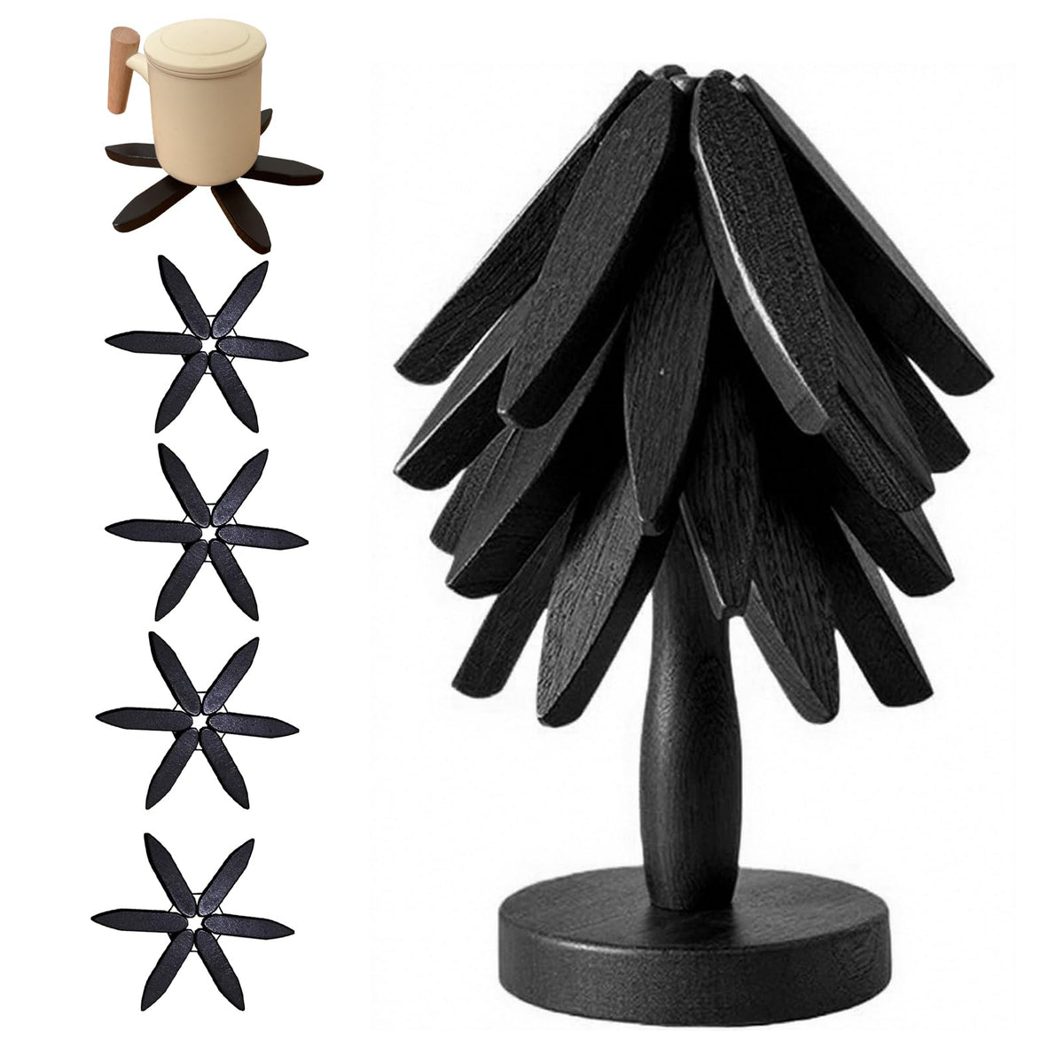 Wooden Trivets for Hot Dishes, Tree Shape Trivet Set, 4 Walnut Wood + 1 Stand stored Like a Christmas Tree,Foldable Kitchen Wooden Trivet,for Hot Dishes、Pot、Bowl、Teapot、Hot Pot Holder(Brown)