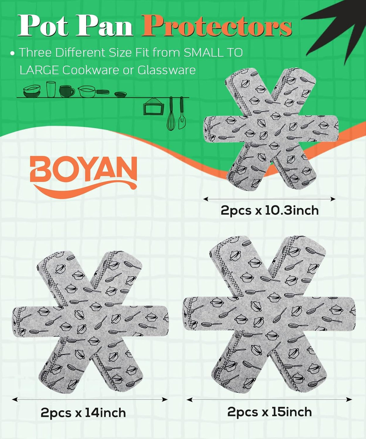 BOYAN Pot and Pan Protectors for Stacking, 6pcs & 3 Sizes, Separator Pads