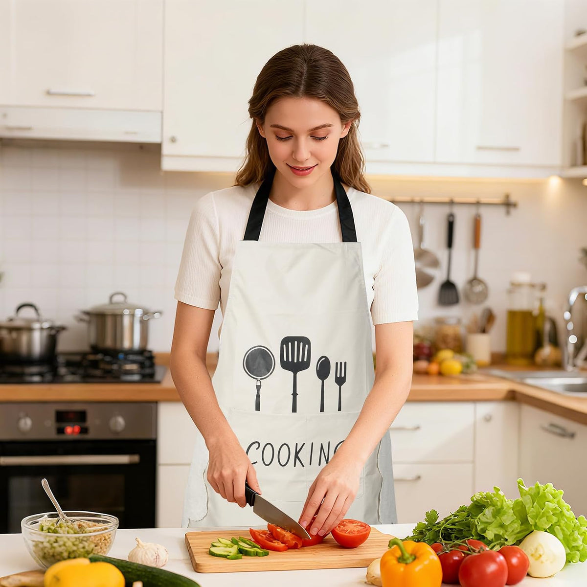 DILLMAN Women Kitchen Apron with Hand Wipe Pockets，Big Pocket,Hand-wiping, Waterproof for Cooking Baking