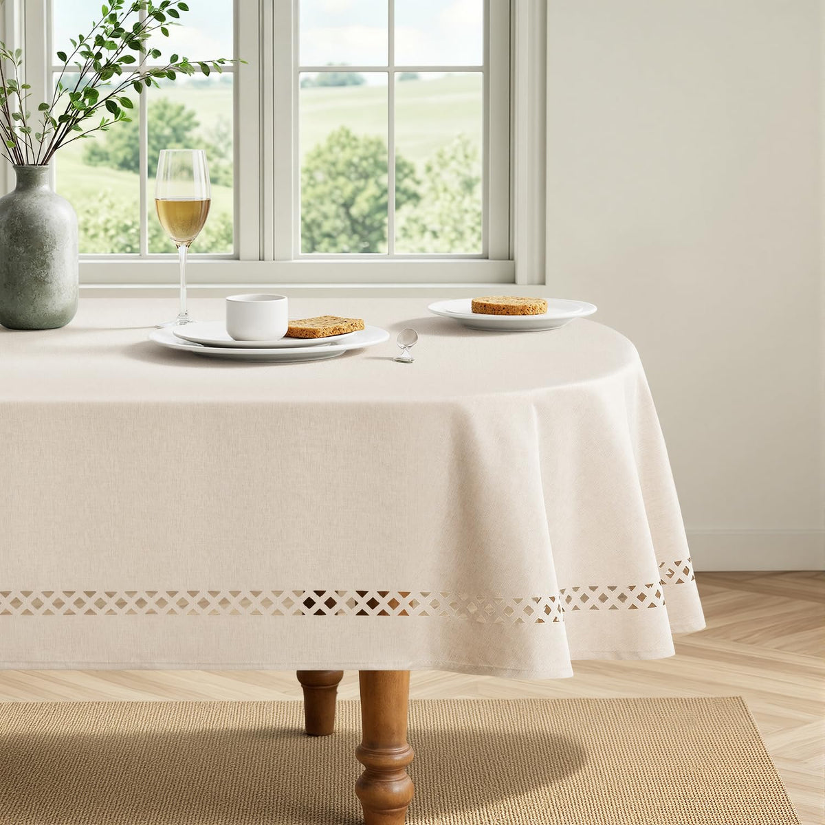 MIULEE Beige Rectangle Tablecloth with Decorative Cutouts 60x84 Inch