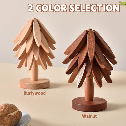 Wooden Trivets for Hot Dishes, Tree Shape Trivet Set, 4 Walnut Wood + 1 Stand stored Like a Christmas Tree,Foldable Kitchen Wooden Trivet,for Hot Dishes、Pot、Bowl、Teapot、Hot Pot Holder(Brown)