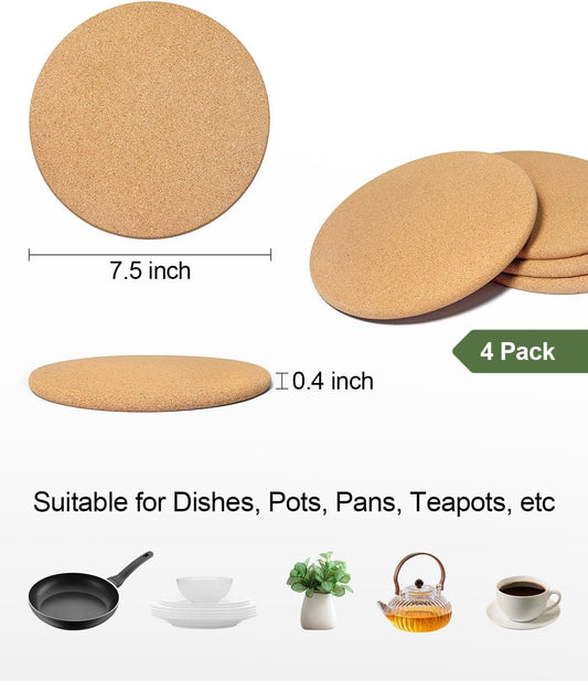 4 PCS Heat Resistant Cork Trivets for Hot Dishes, Hot Pots and Pans