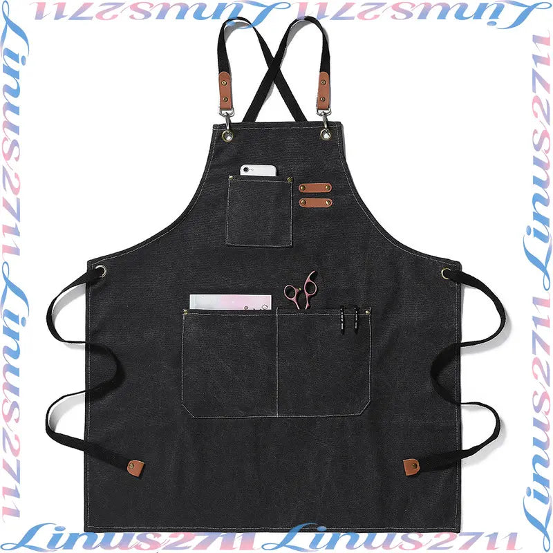 Cotton Canvas Cross Back Work Apron Leather Adjustable Strap Multi Pocket Oil Resistant Kitchen Coffee Shop Gardening Artist Unisex Custom Logo Blank Apron