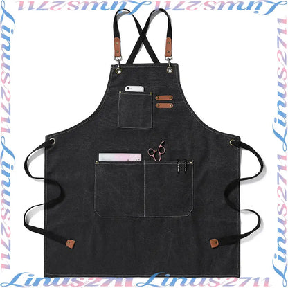 Cotton Canvas Cross Back Work Apron Leather Adjustable Strap Multi Pocket Oil Resistant Kitchen Coffee Shop Gardening Artist Unisex Custom Logo Blank Apron