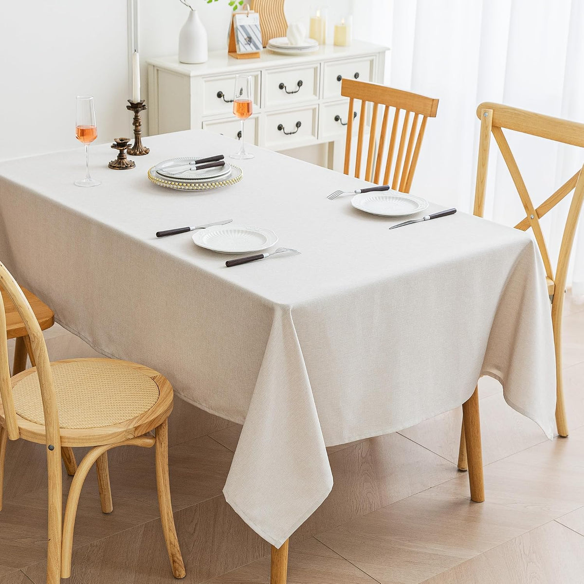 Amazon Basics Rectangle Tablecloths Water-Repellent, Faux Linen Textured Table Cloth Wrinkle Resistant Washable, Decorative Fabric Table Cover for Dining, 60" x 84", Beige, Pack of 2
