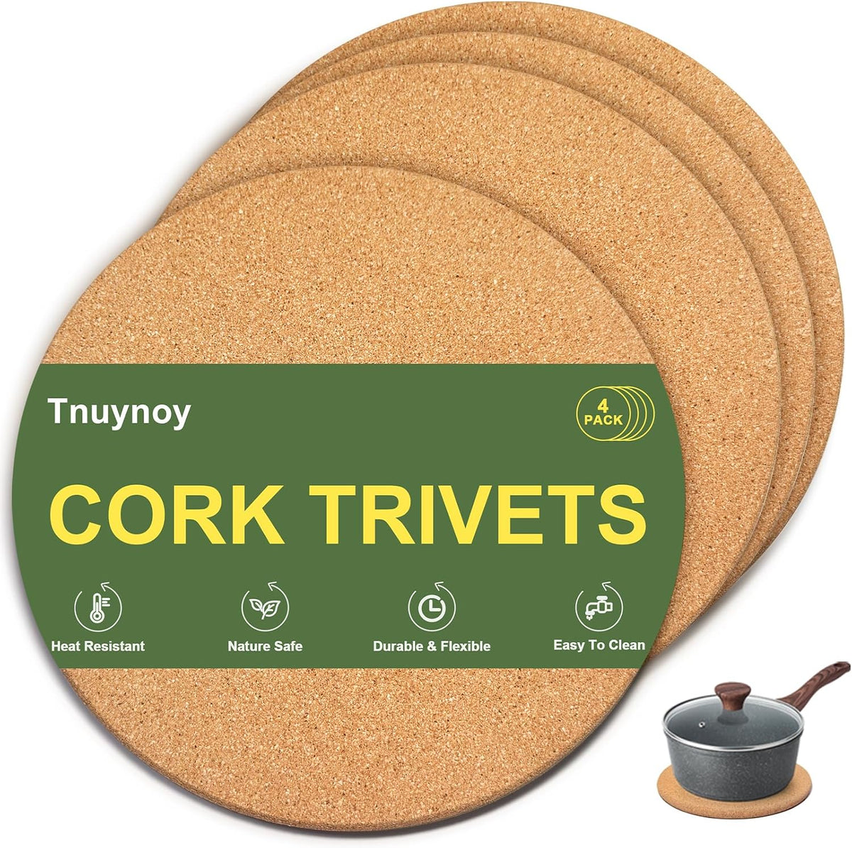 4 PCS Heat Resistant Cork Trivets for Hot Dishes, Hot Pots and Pans
