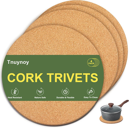 4 PCS Heat Resistant Cork Trivets for Hot Dishes, Hot Pots and Pans