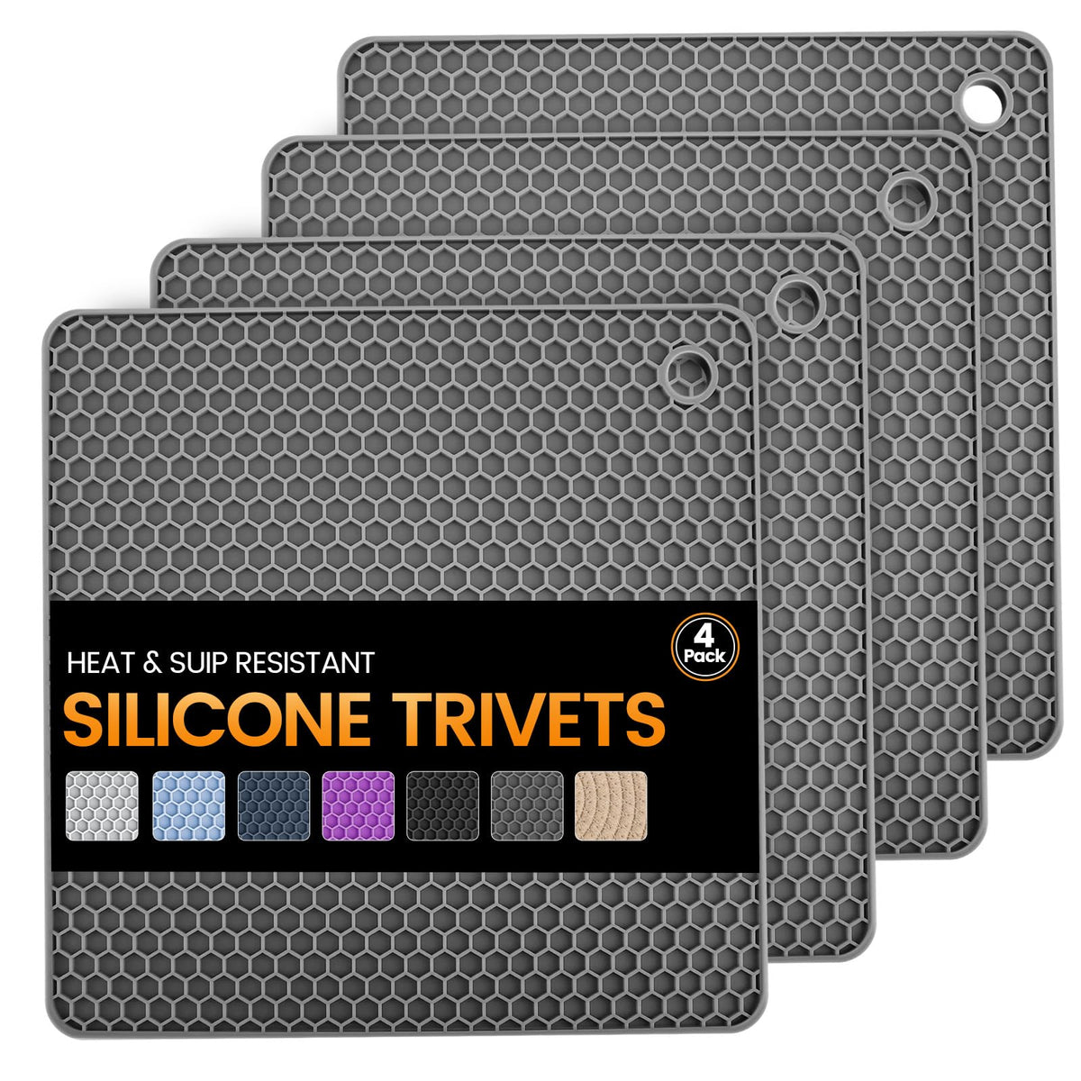 Silicone Trivet Mats 4 Heat Resistant Pot Holders Multipurpose Non-Slip Hot Pads for Kitchen Potholders, Drying mat, Jar Opener, Spoon Holder, Coaster(Dark Grey)