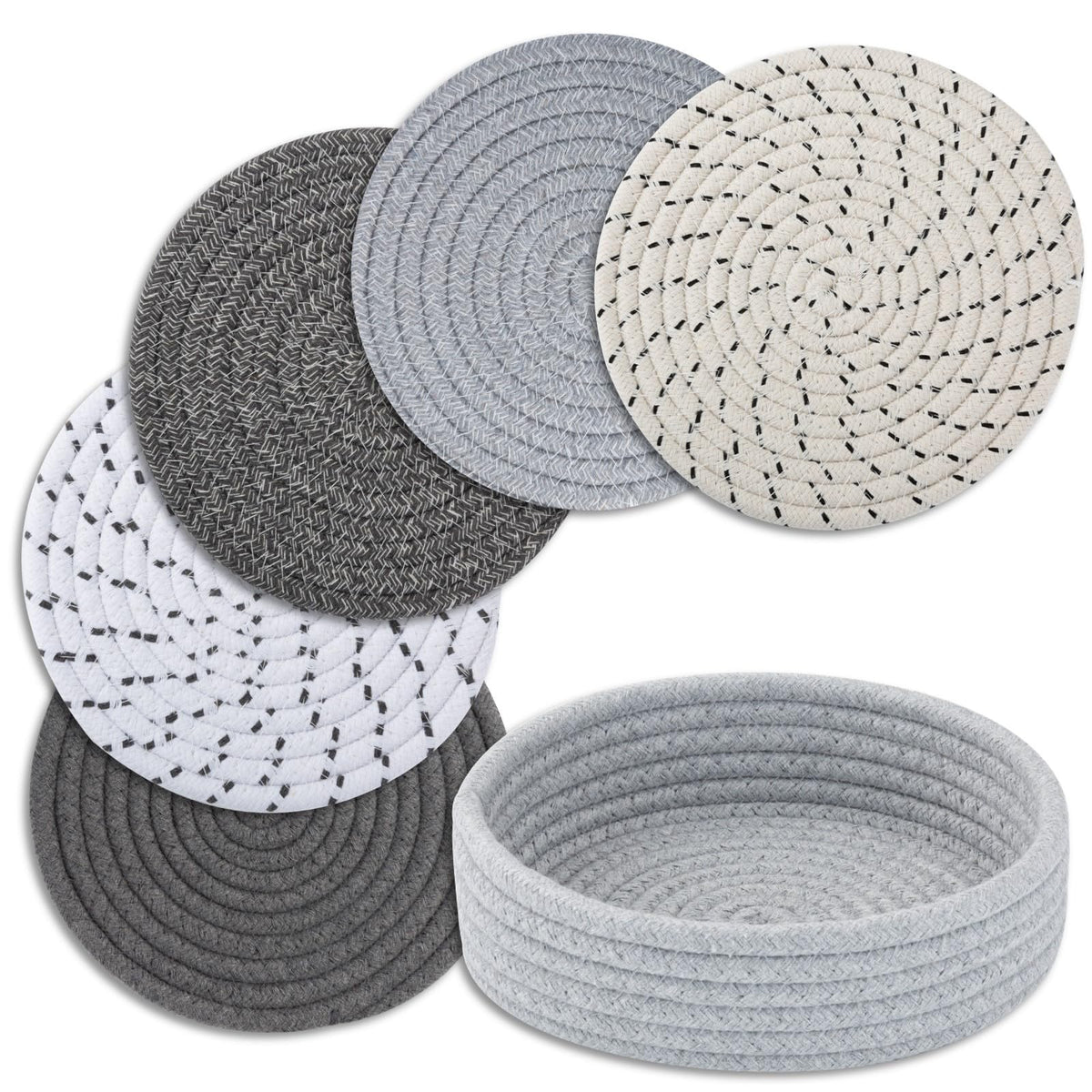 Trivets for Hot Dishes, Pots and Pans, Hot Pads with Storage Basket, Pot Holders for Kitchen, Heat Resistant Mat Protect Counter Home Essentials, Farmhouse Decor (Mix Brown 5 PCS)