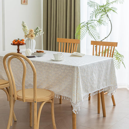 Rectangular Cotton Oil Proof Table Cloth Rectangle Tablecloth Fabric Waterproof for Kitchen Dining Farmhouse Outdoor Printed Daisy Floral 55x70inch,4-6 Seats,White