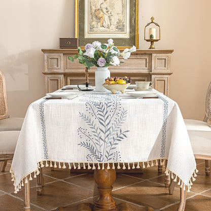 Alsoo Rectangle Tablecloth 55" x 106", Farmhouse Linen Style Table Cloth with Brown Fern Embroidery & Tassels, Heavy Weight Wrinkle & Spill Resistant Table Cover for Dining Kitchen
