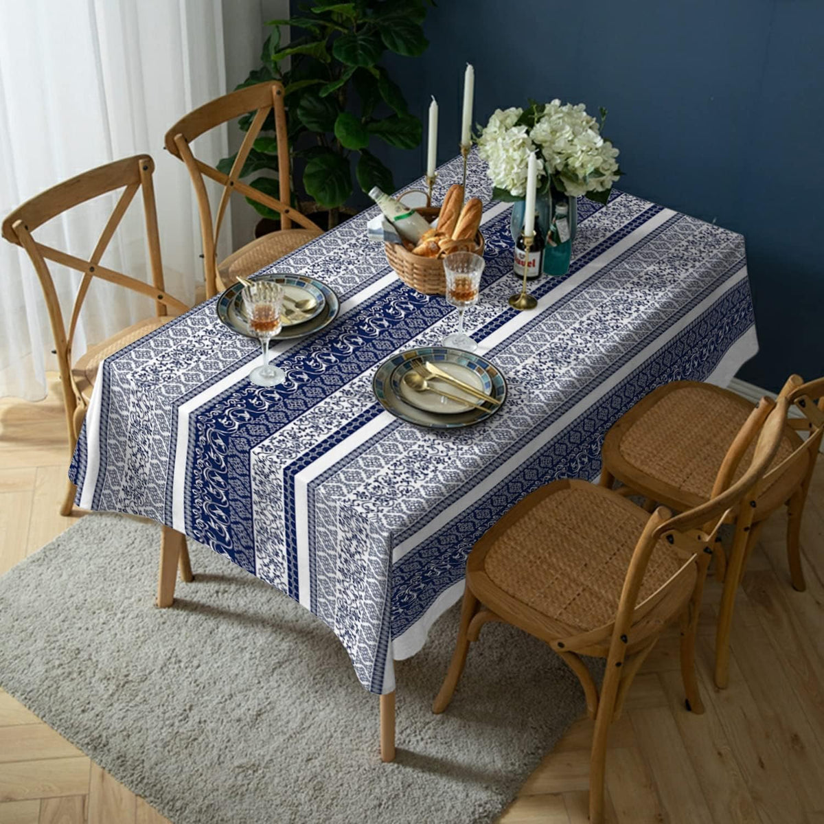 Rectangle Tablecloth - 60 x 120 Inch Blue Bohemia Rustic Tablecloth Classic French Country Printed Table Cover Farmhouse Decoration, Suitable for Home, Kitchen Dining
