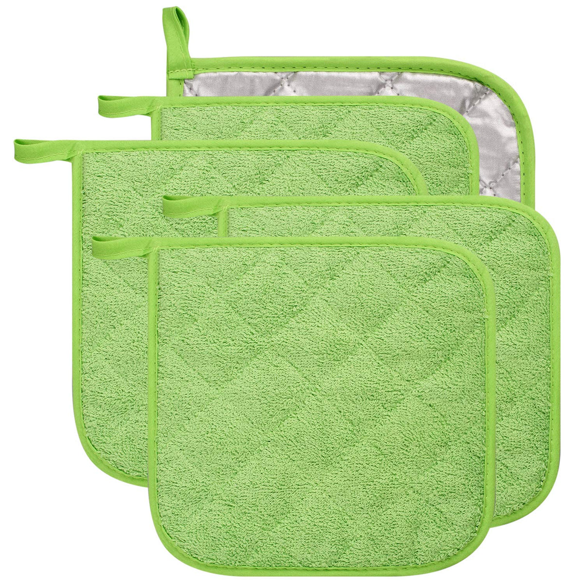 Pot Holders for Kitchen, 100% Cotton Terry Pot Holder Set of 5, Heat Resistant Hot Pads for Cooking, Baking, Hot Dishes and Countertop Protection, Olive Green