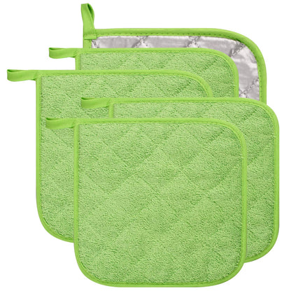 Pot Holders for Kitchen, 100% Cotton Terry Pot Holder Set of 5, Heat Resistant Hot Pads for Cooking, Baking, Hot Dishes and Countertop Protection, Olive Green