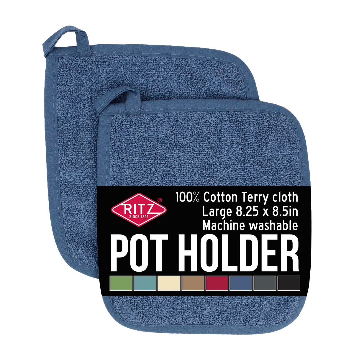 RITZ Terry Potholder & Hot Pad: Unparalleled Heat Resistant, Durable 100% Cotton – Ergonomically Designed for Optimal Grip – Easy-Care Machine Washable – 4-Pack, Federal Blue