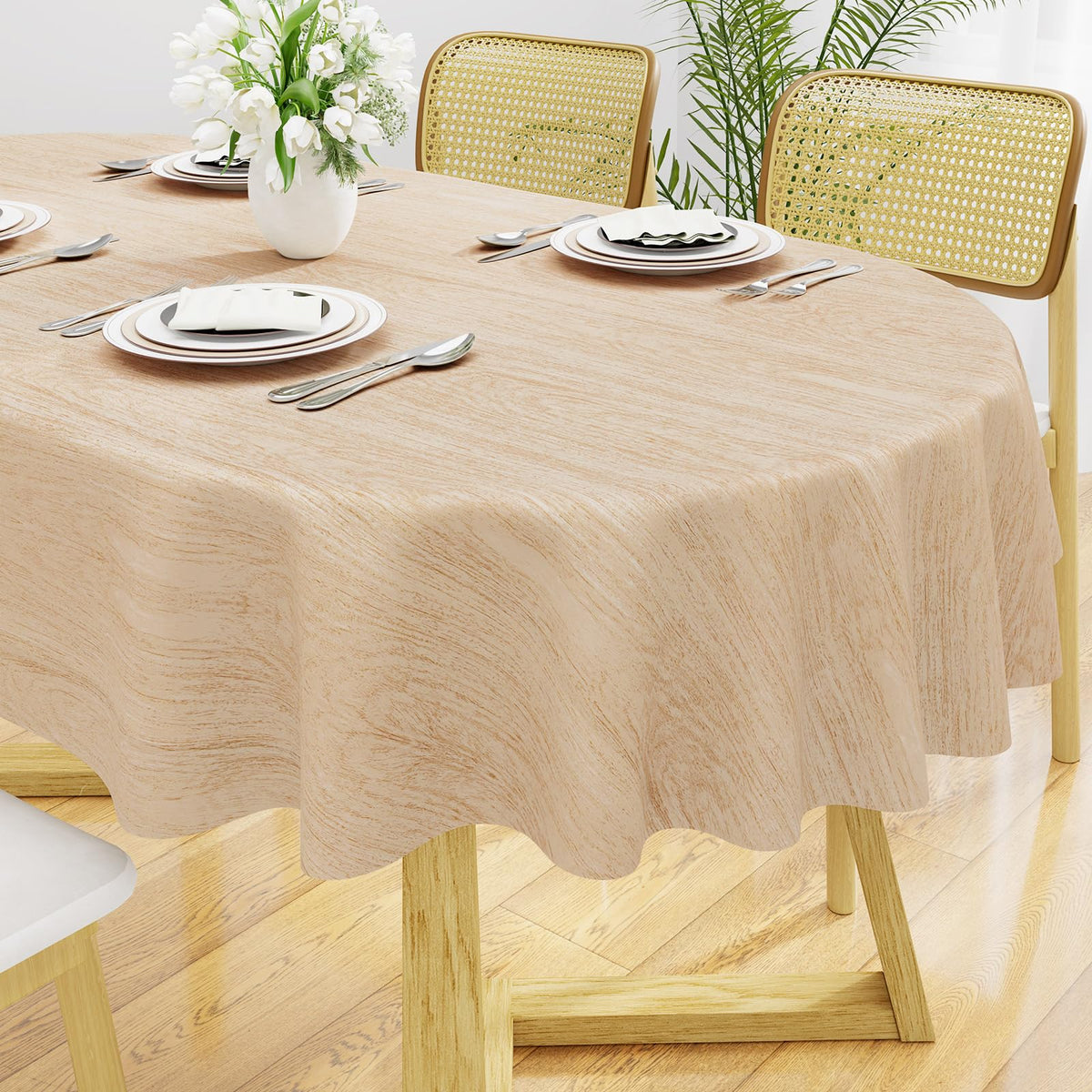 Smiry Rectangle Table Cloth, Waterproof Vinyl Tablecloths with Flannel Backing, Wipeable Spillproof Plastic Table Cover for Dining, Indoor and Outdoor (Champagne, 60 "x 84")