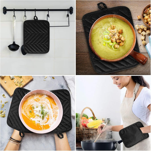 R HORSE 6Pcs Black Pot Holders with Pocket for Kitchen, 7''x 9''