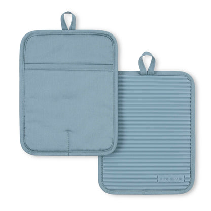 KITCHENAID Ribbed Soft Silicone Pot Holder 2-Pack Set, Matte Black, 7"x9"